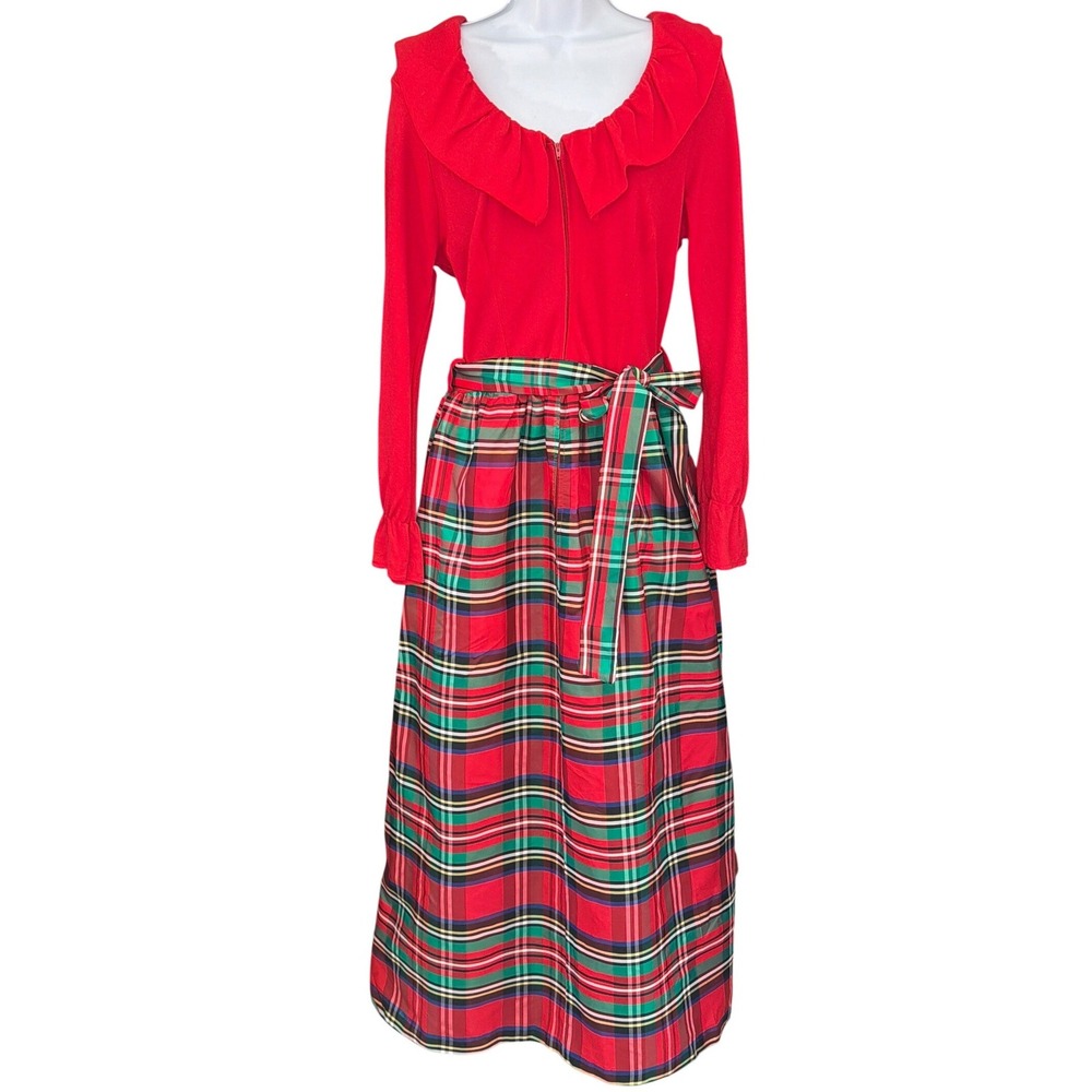 Vintage 70s Tartan Plaid Maxi Dress XL Red Christmas Holiday Hostess Prairie
